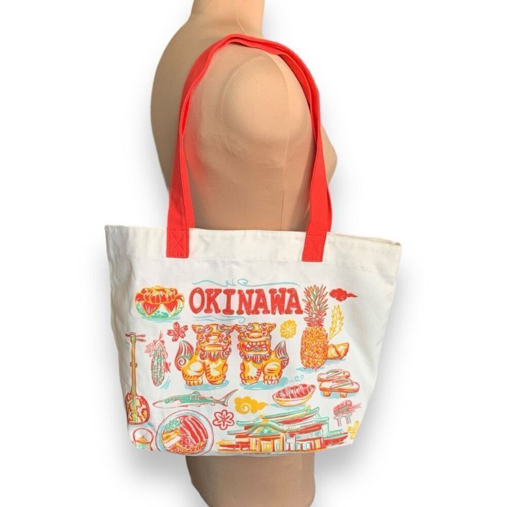 Whereto Okinawa Tote Bag Red Yellow Asian Japanese Dragon Temple Ramen Reusable